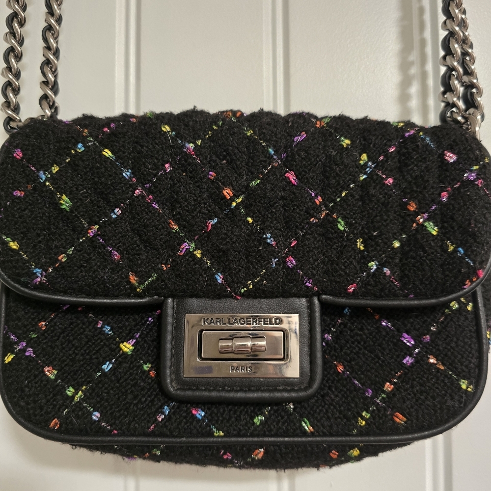KARL LAGERFELD PARIS Agyness Chain Tweed Flap Over Crossbody Shoulder Bag